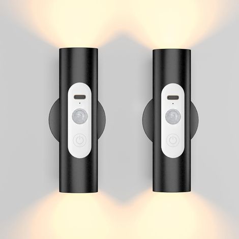 Applique Murale LED avec Détecteur de Mouvement et Télécommande - Lampe Murale Sans Fil Rechargeable pour Intérieur, Couloir, Escalier, Armoire, Chambre, Salon (Noir, Lot de 2) (1/5)