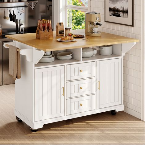 Desserte de cuisine pliante 120x40x95 cm avec roulettes, 3 tiroirs et 2 portes, blanche (1/5)