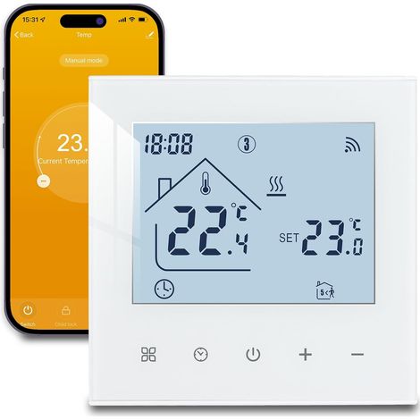 Thermostat Connecté WiFi pour Chauffage de Chaudière à Gaz Thermostat d'Ambiance Programmable Régulateur de Température avec LCD Numérique Compatible 3A,Blanc (1/5)