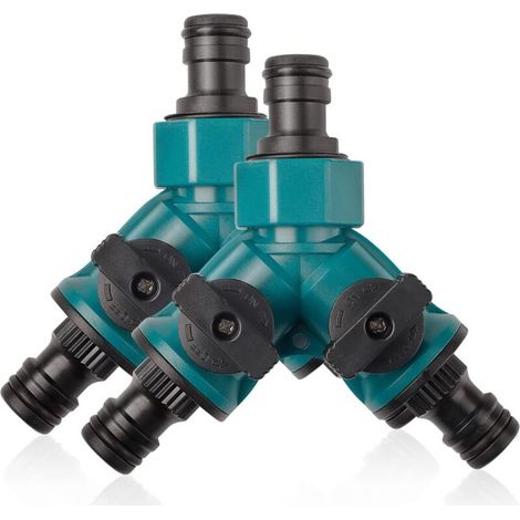 Lot de 2 raccords de tuyau à 2 voies avec vanne d'arrêt - Raccord rapide - Tuyau d'arrosage - Raccord de tuyau d'arrosage - Pour robinet 3/4po