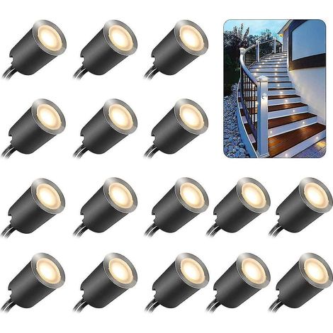 Ensemble de 16 spots LED encastrés d'extérieur, étanches IP67, 32 mm, pour terrasse en bois, piscine, jardin, escaliers et terrasse en bois (avec (1/5)