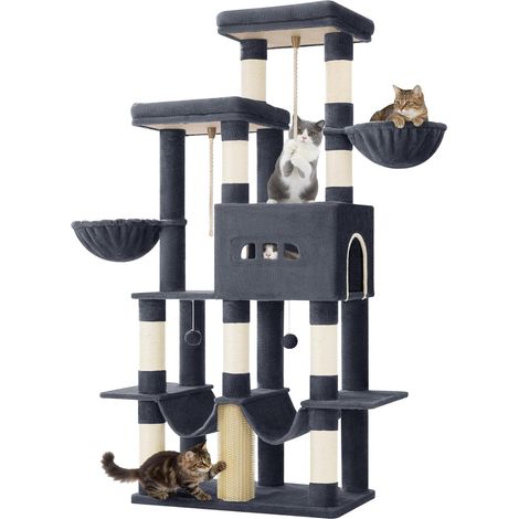 Arbre à Chat, 176 cm, 2 Plateformes Extra-Larges, 2 Grandes Grottes, 9 Poteaux à Griffer en Sisal, 2 Hamacs, Panier pour Chat, Pompons, Convient aux Chats Maine Coon, Gris Foncé