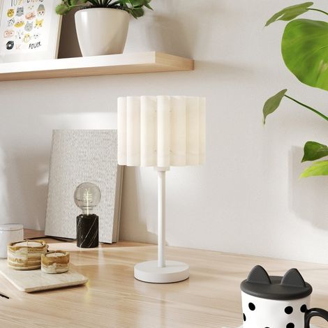 Lampe de table avec abat-jour ondulé, culot E27, interrupteur, blanche, sans ampoule (1/5)