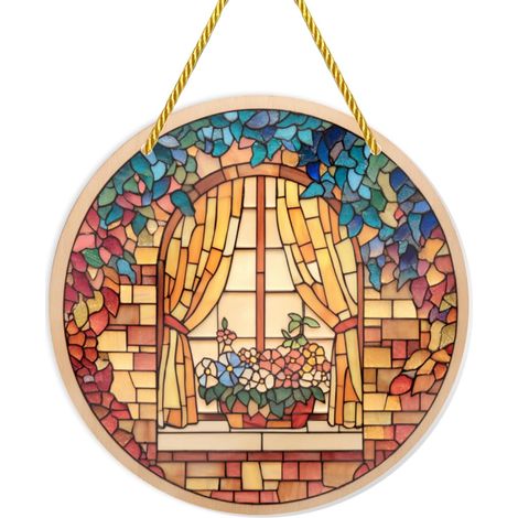 Décoration florale pour fenêtre avec rideaux et fleurs en pot, attrape soleil vitrail suspendu (1/5)