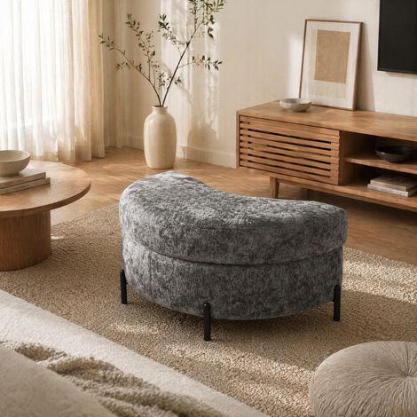 Pouf contenitore 84.5x36.5x49.5 cm, seduta imbottita, sgabello portascarpe e poggiapiedi, chenille grigio (1/5)