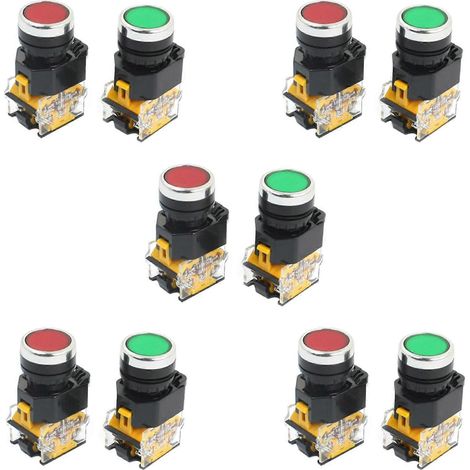 Lot de 10 interrupteurs à bouton-poussoir momentanés DPST rouge/vert, montage 22 mm, 10 A, 380 V (1/4)