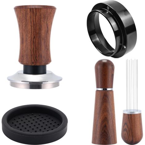 Ensemble de quatre marteaux à poudre de bois, 51 mmTasseur à café en acier inoxydable, anneau à poudre, anneau anti-poudre pour espresso, anneau à poudre magnétique puissant, tasseur à force équilibré (1/5)