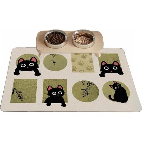 Black and Greent Cartoon Cat Pet Feeding Mat – Non-Slip Waterproof Bowl Placemat for Dogs & Cats, Stylish & Functional Pet Mealtime Accessory (1/5)