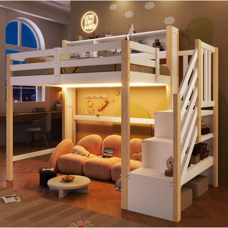 Cama alta infantil 90x200 cm con LED, almacenaje y escalera, blanco y natural HAVRYA (1/5)