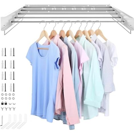 Étendoir mural pliable en acier inoxydable avec poignées, capacité de charge de 50 kg, pour balcon intérieur, blanc (1/5)
