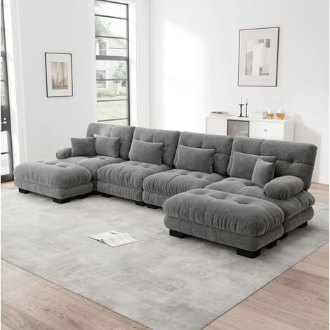 Canapé modulable 4 places en tissu gris 406 x 145 x 81 cm, avec ottomans mobiles, configuration en U, L ou droite, pour salon ou bureau – de FLORAGRACE (1/5)
