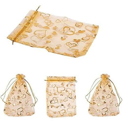 50 Pcs Organza Jewelry Pouches, Gold Heart Printed Organza Bags, Gift Pouches with Drawstring, 9x12cm, Perfect for Weddings, Christmas, Birthdays, Anniversaries (1/5)