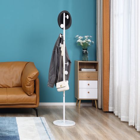 Portant-vêtements en acier avec crochets, pied en marbre rond, 8 patères, 170 cm, blanc, design moderne, solide et élégant. (1/5)