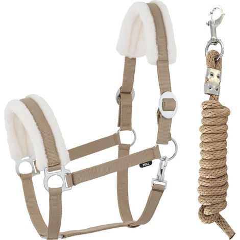 Halfter-Set (1 Stück): Führstrick, Karabinerhaken, verstellbar, Kunstfell, Khaki, für Pferd und Pony (1/4)