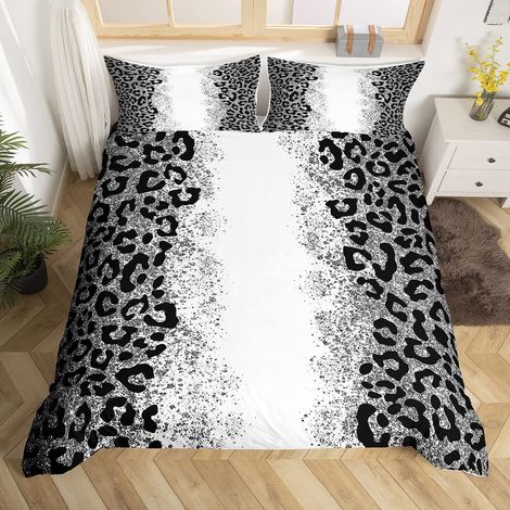 Parure de lit à imprimé léopard pour enfants – Housse de couette à motif guépard pailleté – Housse de couette respirante – Noir et blanc – Housse de couette décorative pastel pour lit (1/5)