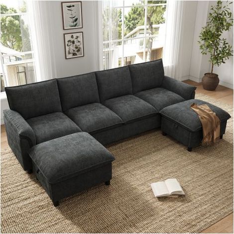 Canapé Modulable 264.5x142.5x84cm 4 Places Tissu Chenille Noir - Canapé d'angle - Forme U, 2 Poufs Mobiles, Coffres de Rangement (1/5)
