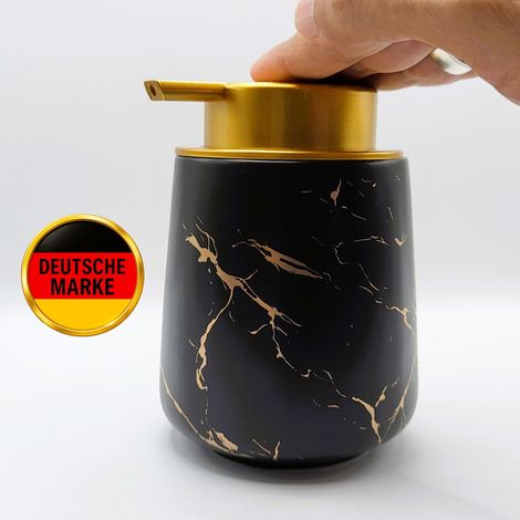 Elegante dispenser di sapone liquido in ceramica con pompa in plastica - Dispenser di sapone ricaricabile per bagno e cucina - 400 ml - Motivo marmo nero (1/4)