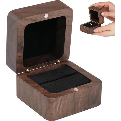 Boîte à bijoux – Boîte à bagues – Coffret de rangement – 5,5 x 5,5 x 4 cm – Idéale pour les demandes en mariage, les fiançailles, les mariages et au quotidien – Bois – Marron (1/5)