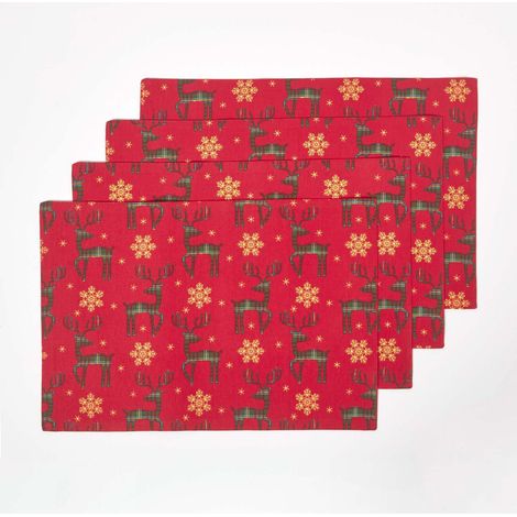 HOMESCAPES Red Reindeer Christmas Placemats, Set of 4