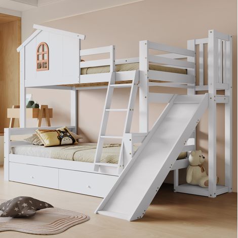 Lit superposé 160 x 200 cm enfant et parent en bois blanc avec toboggan, 2 tiroirs et escalier (1/5)