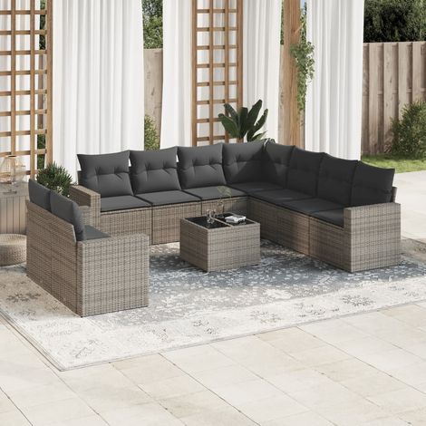 Salon de jardin en résine tressée gris 10 places avec table en verre et 9 coussins (1/3)