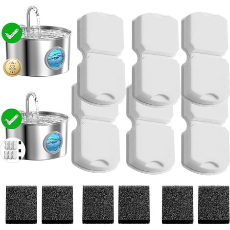 Filtre Fontaine Eau Chat: 12 Filtres Fontaine à Eau pour Chat (6 Filters à Charbon + 6 Filters en Mousse) - Filtrage Multi-Couches - Convient pour Distributeur Chats INOX (1/5)