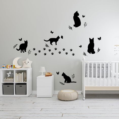 Noir Chat Stickers Muraux Chat Silhouette Autocollant Mural Papillon Animal Art Porte DIY Art Fenêtre Clings Ouverture de L'école Autocollants Décoratifs (1/5)