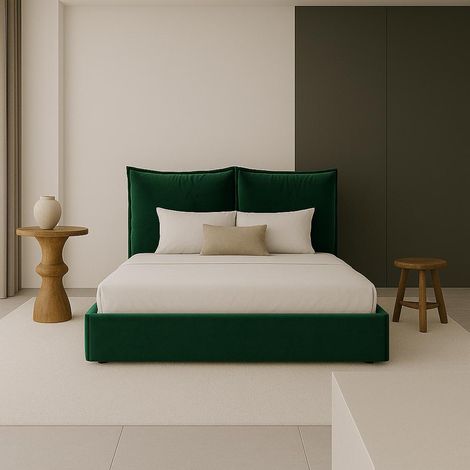 SofelloPolsterbett nach Maß GRÜN Doppelbett mit Reißverschluss Abnehmbare Kissen Liegefläche 160 Samt Weich Angenehm Bequemes Kopfteil (1/5)