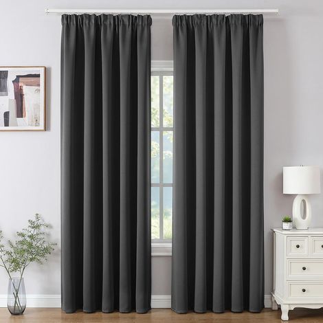 Lot de 2 Rideaux Occultants avec Galon Fronceur 132x225 cm pour Rail et Passe Tringle, Rideau Opaque Isolant Thermique Phonique, Décoration Intérieure de Salon Chambre Balcon - Gris Foncé (1/5)