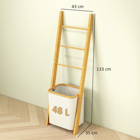 Badregal, 2-in-1 Badezimmerregal mit 3 Stangen, abnehmbarer 48L-Wäschekorb, Bambus, 43 x 35 x 133 cm, Cremeweiß (1/5)