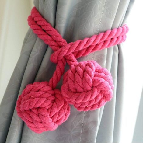 2 Paar gestrickte Pompon-Raffhalter, Gardinenseilclips/Schlaufen, doppelt geflochtene Dekokugeln, Raffhalter aus Baumwollseil, Gardinenzubehör für Wohnzimmer, Schlafzimmer (1/4)