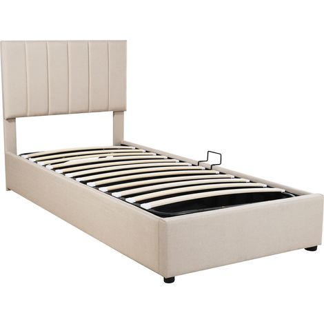 Lit avec rangement 90x200 cm en lin beige, sommier à lattes inclus, tête de lit réglable, coffre hydraulique (1/5)