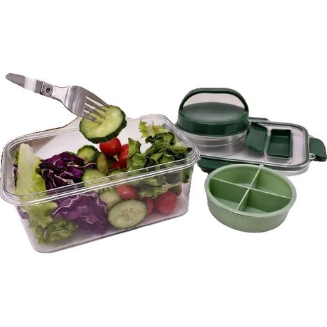 Ciotola per insalata a quattro scomparti, portatile e riutilizzabile, grigio chiaro. (1/2)