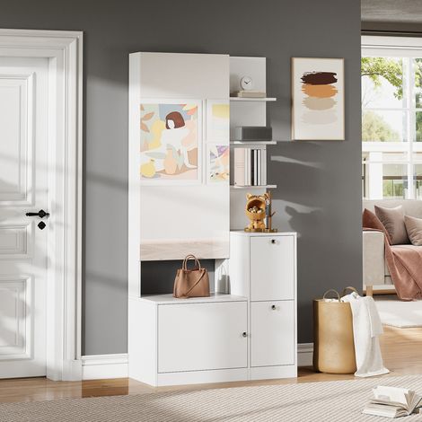 Mobile da Ingresso con 2 Ante e 5 Nicchie, Specchio, Scarpiera, per Ingresso, 85 × 40 × 180 cm (1/5)