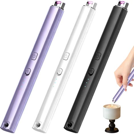 Lot de 3 briquets à arc électrique rechargeables par USB - Longue serrure de sécurité - Avec indicateur de batterie - Pour bougies, cheminées, allumages, cuisinières à gaz, cuisine (1/5)