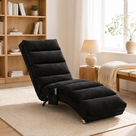 Relaxsessel 148 x 55 x 84 cm aus schwarzem Leinen mit Seitentasche HAVRYA (1/5)