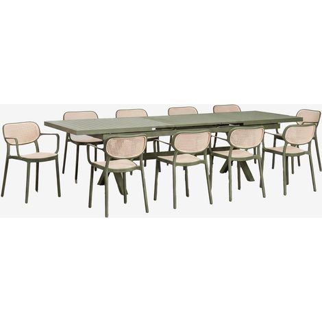 Set de mesa rectangular 240-300x100 cm extensible Karena y 10 sillas de jardín apilables con reposabrazos Omara SKLUM        (1/5)