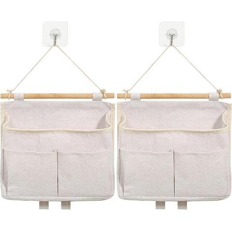 Juego de 2 bolsas de almacenamiento colgantes, organizador de pared con bolsillo y ganchos, plegable para dormitorio, baño, oficina y cocina (beige) (1/5)