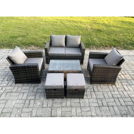 Fimous 6 Seater Outdoor Lounge Sofa Set Wicker PE Rattan Garden Furniture Set with Rectangular Coffee Table Double Seat Sofa 2 Small Footstools Dark Grey Mixed (1/5)
