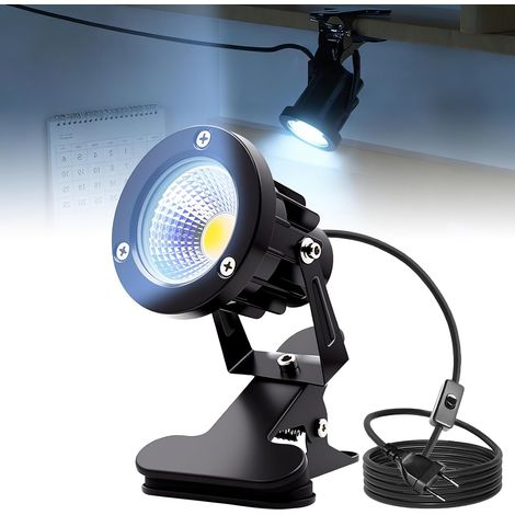 LED à Pince avec Prise et Interrupteur, 10W COB, Lampe de Bureau, Spot Jardin pour Plantes, Spot à Pince avec Câble 1,8m pour Intérieur et Extérieur, Blanc Froid (1/5)