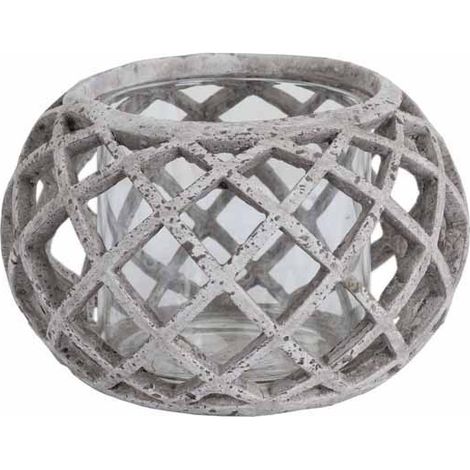 Round Lattice Hurricane Lantern - Ceramic - L17 x W17 x H11 cm - Stone
