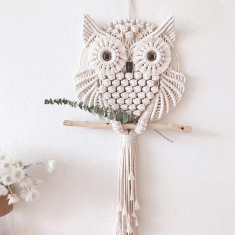 Attrape-rêves hibou en macramé fait main, décoration murale bohème, tissage artisanal avec motif chouette, suspension ethnique pour chambre, 1 pièce, style hippie chic (1/5)
