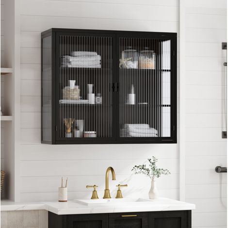 Armadietto pensile vetrato 2 ante 70x23x60 cm metallo nero, 3 ripiani - CHICFURN (1/5)