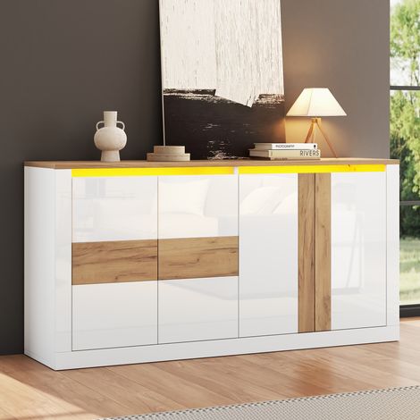 Aparador de 140x35x70cm en MDF con 4 puertas e iluminación LED RGB, acabado en roble blanco brillante, cajonera con estantes ajustables, control por app y voz, mueble para salón/comedor. (1/5)