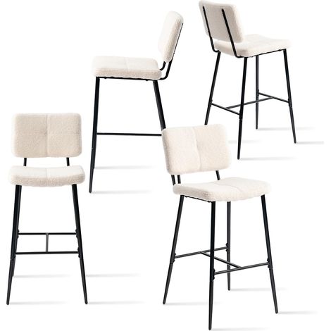 Lot de 4 Tabouret de Bar Industriel avec Dossier et Repose-Pieds, Siège Rembourrés de 75 cm de Haut, Chaises Hautes en Bouclette Cadre en métal, Beige (1/5)