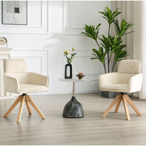Set di 2 sedie da pranzo girevoli in tessuto bianco crema e legno massiccio, 360° (1/5)