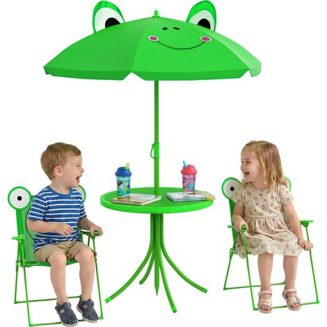 Ensemble Table Jardin 2 Chaises Pliantes Table Basse Chaises Extérieur Parasol Enfants Métal Polyester Vert (1/5)