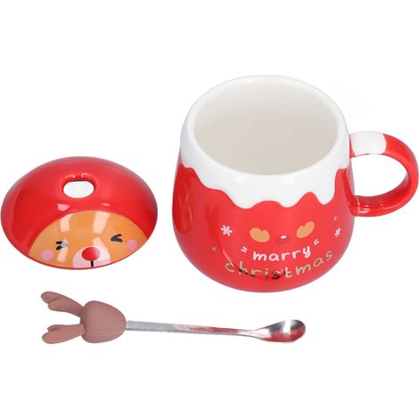 Mug de Noël 450ml avec Cuillère et Couvercle, Tasse Céramique Élégante pour Café ou Thé, Bureau et Maison, Modèle Rouge