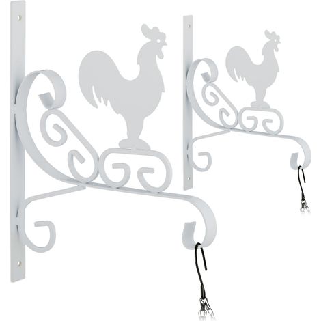Relaxdays Set da 2 Ganci Portavasi, per Vasi Sospesi, Lanterne, Fissaggio a Parete, Gallo, HLP: 30 x 25,5 x 2 cm, Bianco
