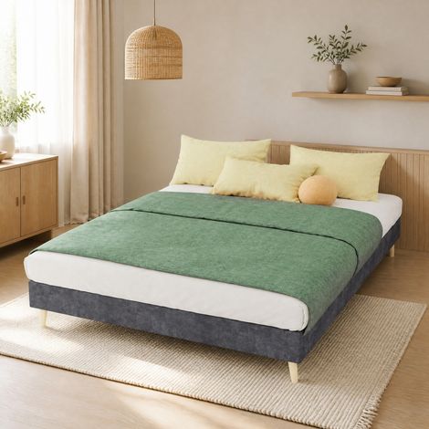 Cama 140x200 cm de tela y metal gris de perfil bajo DESVIAE (1/5)